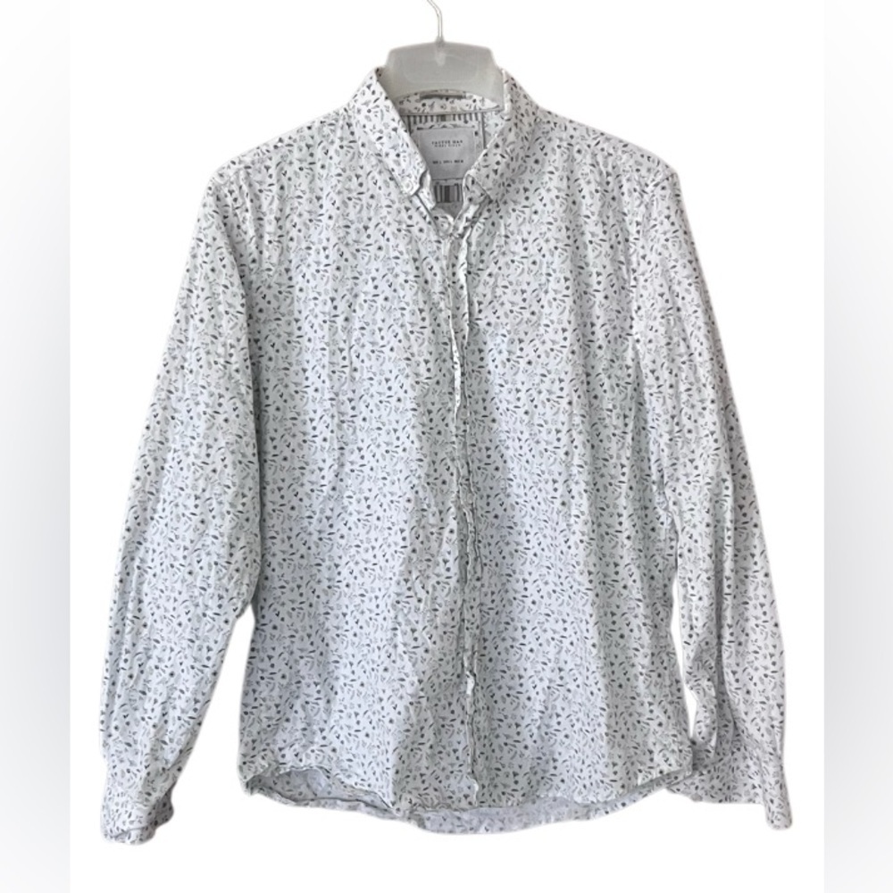 Cactus Man White Button-Down Shirt with Navy and Gray Leaf Print